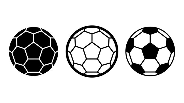 Three iconic black and white soccer balls with a classic pentagonal and hexagonal panel design, presented as a trio of stylized illustrations