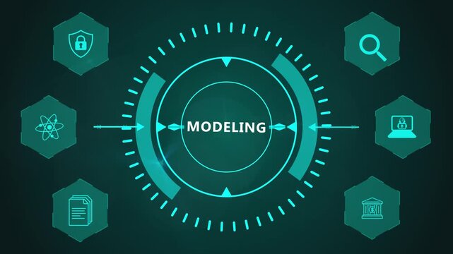 Modeling Interface with Futuristic Circular Analytics Display and Interactive Corporate Technology Icons on Abstract Digital Background