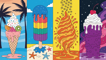 Fototapeta premium Colorful dessert icons, ice cream and popsicle illustrations, sweet treats, summer food