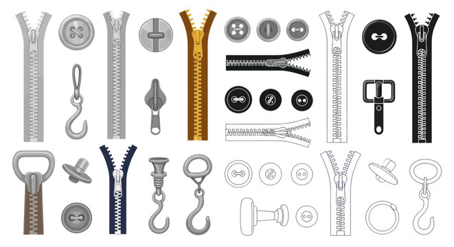 Collection of zippers, buttons, and fasteners for clothing and accessories