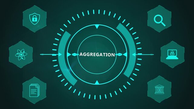 Aggregation Technology Interface Showing Circular Data Collection System with Futuristic Corporate Analytics Icons on Background