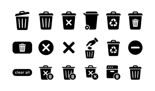 Trash bin icon set delete symbol monochrome vector illustration collection