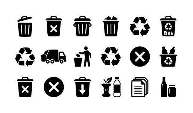 Black delete button trash bin symbols vector illustration set