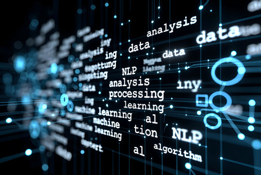 Natural Language Processing and AI Data Analysis Visualization With Machine Learning Keywords and Digital Information Flow Interface