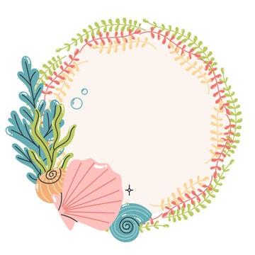 Underwater floral wreath with seashells and pastel ocean plants