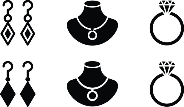 Set of Black Jewelry Vector Icons Including Earrings, Necklaces, and Rings with Diamond Pendants for Fashion, Luxury, and Accessory Design Projects