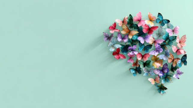 human brain shape made of colorful butterflies on light green background, neurodiversity and mental health awareness banner with copy space