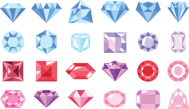 Set of Colorful Faceted Gemstone Vector Illustrations Including Diamonds, Rubies, Sapphires, and Various Cut Gems for Jewelry, Luxury, and Accessory Design Projects