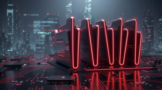 Glowing red digital folders on a circuit board with a futuristic city background.