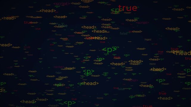 Abstract digital background with floating colorful HTML tags, code elements, and true/false logic text. Concept of web development, programming language, software engineering, and data processing.