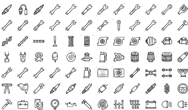 Automotive repair tools and parts collection line art illustration for mechanical services and vehicle maintenance