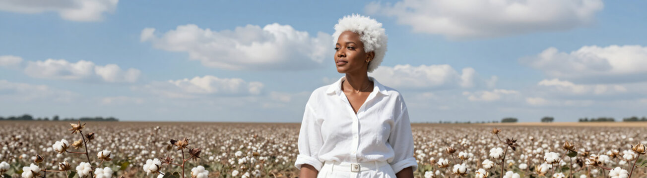 african american woman striking white hair wearing crisp white attire stands amidst sprawling cotton field bright blue sky