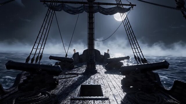 Dark ship sailing through stormy sea.