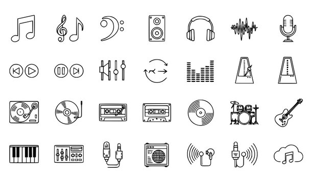 Music production icon set linear style graphics for audio engineering recording studios and digital audio workstations