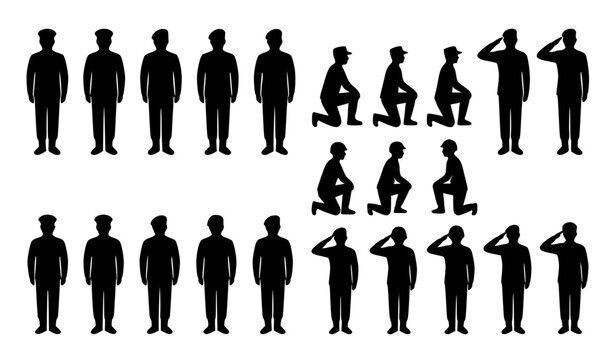 Army personnel silhouette icon set military standing kneeling salute vector illustration collection
