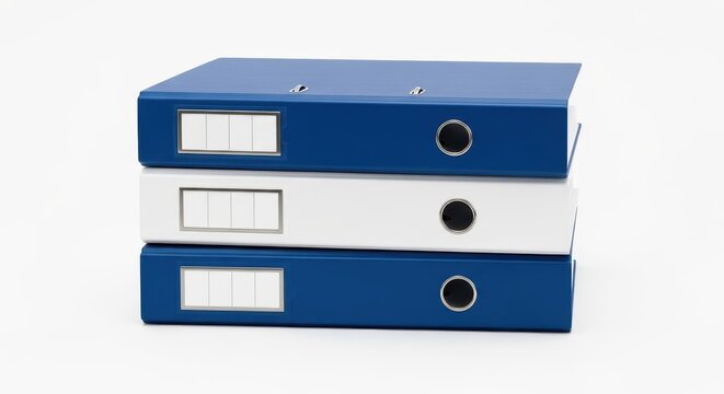 Three blue and white ring binders stacked