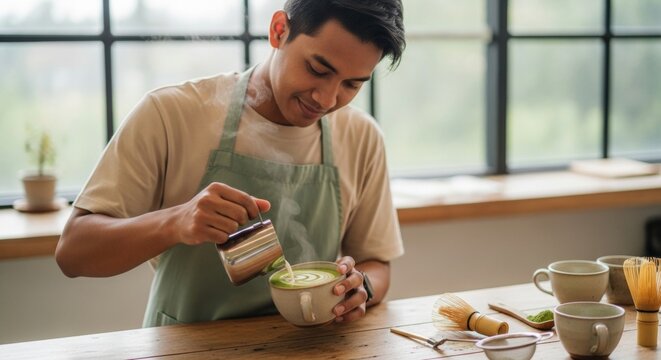 Barista skillfully prepares matcha latte in cafe setting