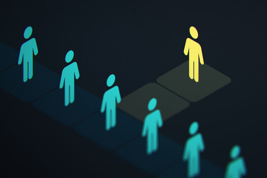 3D concept of a yellow glowing figure standing out from a crowd of cyan figures. Metaphor for leadership, uniqueness, individuality, and choosing a different path in business or life.