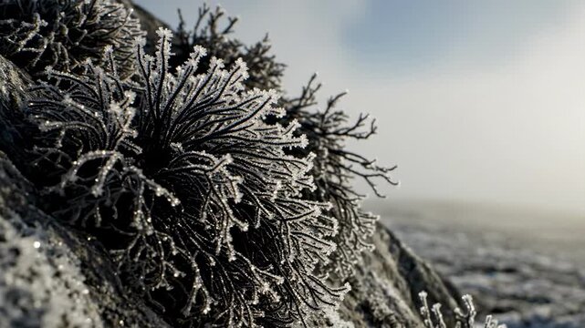 Dark branching arctic plants wrapped in silver frost on a sloping rock face, dramatic macro tundra detail, distant frozen plain, muted sunlight, and rugged polar wilderness mood in cold air glow