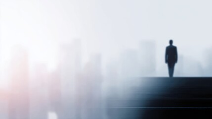 Fototapeta premium rear view businessman climbing stairs toward large city skyline, double exposure effect, ambition and success journey concept