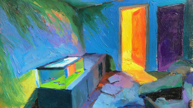 Vivid expressionist interior painting with bold complementary colors and dynamic energy