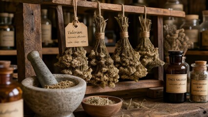 valerian. Dried valerian herb bundles on rustic wooden rack with apothecary bottles nearby. menu design, packaging mockups, designed for culinary blogs and recipe cards for restaurants. © Yu