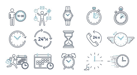 Fototapeta premium Set of icons representing time management, efficiency, scheduling, and deadlines with various time-related symbols and concepts