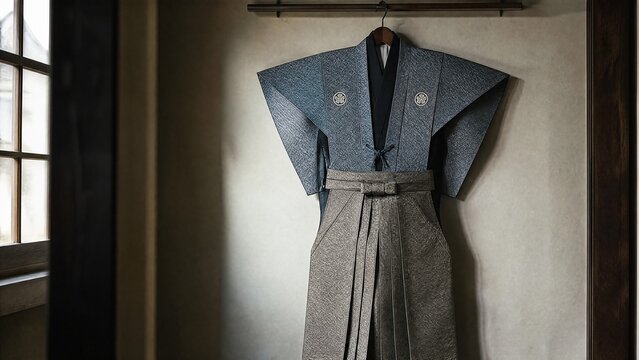 kamishimo. A formal Japanese kamishimo garment hanging on a hanger. event programs, museum guides, designed for cultural heritage projects and event programs.