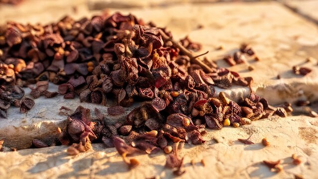 pomace. Dried grape pomace fragments scattered on sunlit stone slabs. menu design, packaging mockups, designed for culinary blogs and recipe cards for restaurants, used by videographers.
