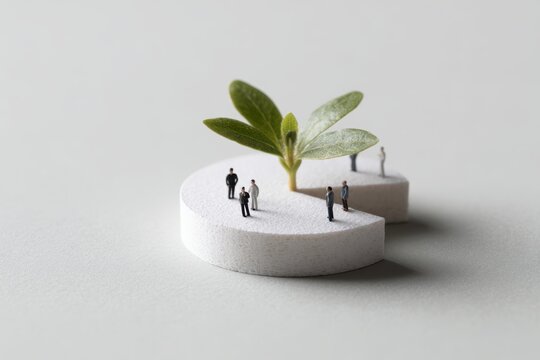 team analyzing plant growing from pie chart symbolizing sustainable corporate growth