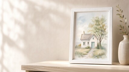 shelf. White wooden picture frame with house and tree watercolor on minimalist shelf. real-estate listings, architecture portfolios, designed for real-estate listing and luxury residence showcases. © Yu