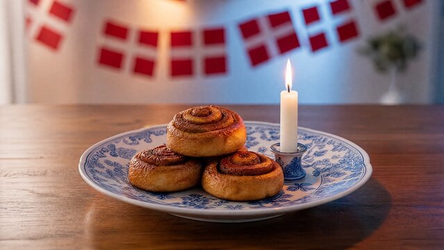 bunting. Danish porcelain plate with blue floral patterns, cinnamon pastries, festive bunting. menu design, packaging mockups, designed for culinary blogs and recipe cards for restaurants.
