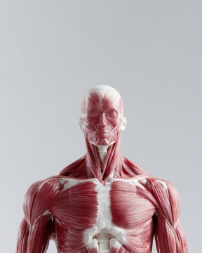 front view of human muscular system anatomical model with intricate muscles and partial skeletal structure on neutral background