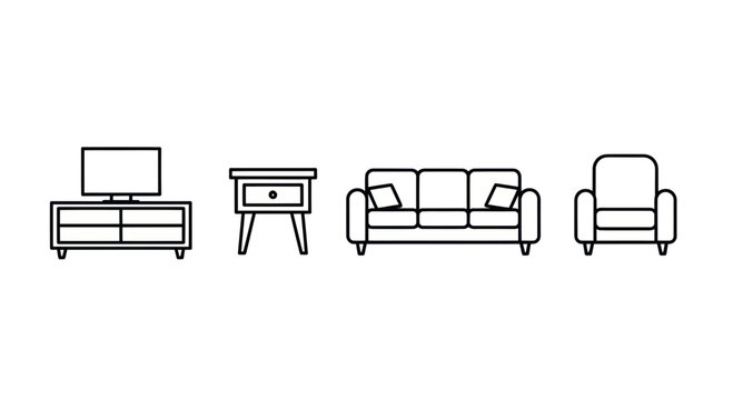 Living Room Furniture Set Line Art: Sofa, Armchair, TV Stand, Cabinet