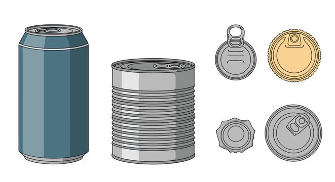 Collection of metal cans and lids for food and beverages including tall soda can and wide tuna tin containers.