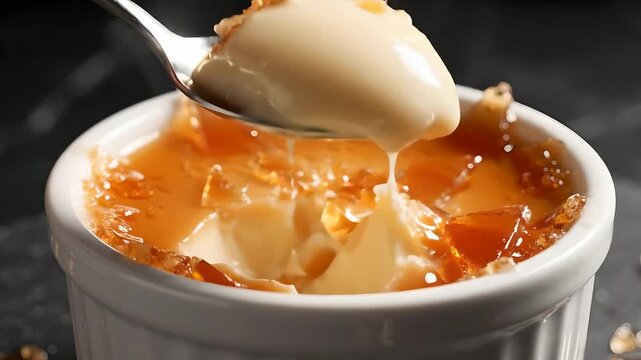 Spoon scooping hot creme brulee with shattered caramelized sugar crust.