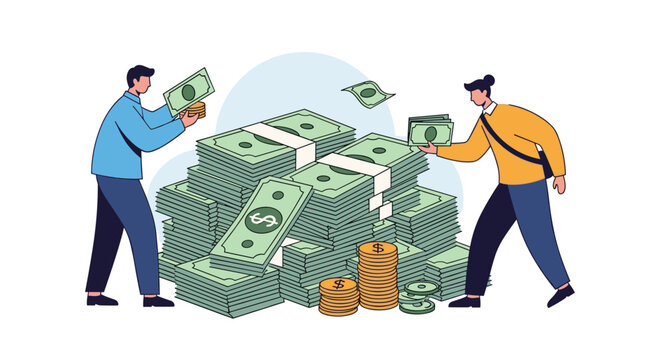Man and woman collecting money from a large stack of cash banknotes and gold coins for wealth and finance concept.