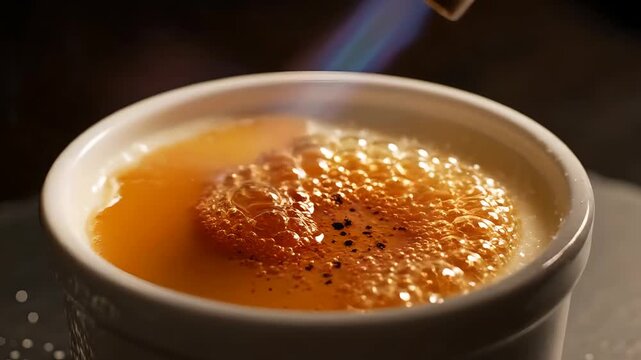 Close-up shot of a blowtorch melting sugar on top of a creme brulee dessert.
