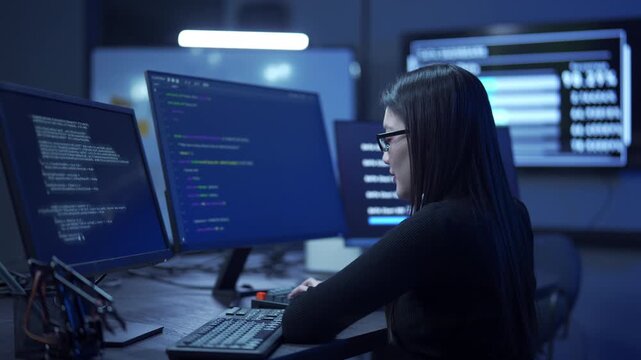 Young female software engineer writing program code on multiple desktop screens in a modern office.