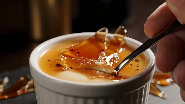 Close-up of spoon cracking the caramelized sugar crust on creme brulee.
