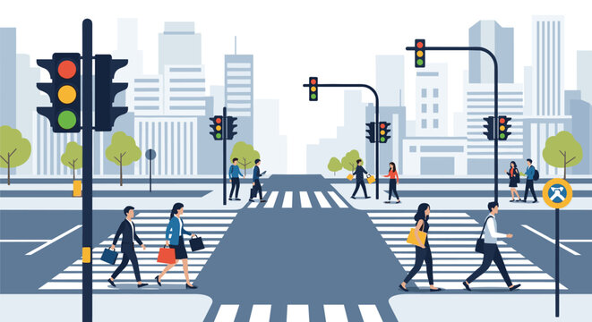 Busy city street intersection with pedestrians walking on crosswalks and multiple traffic lights in an urban setting.