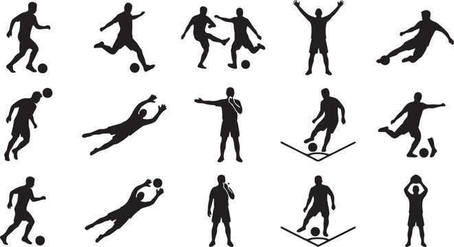 Football Soccer Actions Silhouette Icon Sheet.