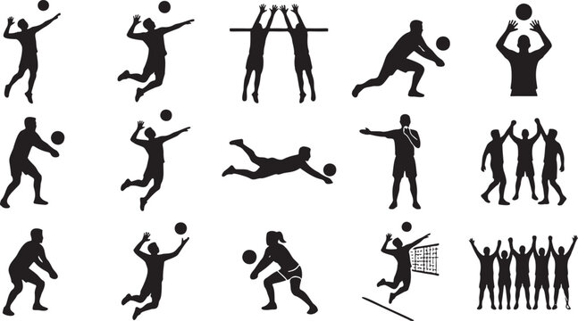 Indoor Volleyball Actions Silhouette Icon Sheet.