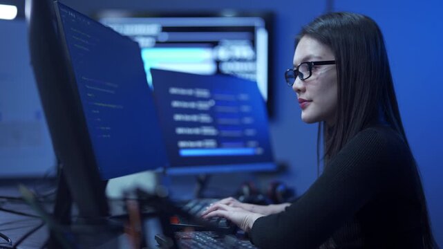 Young female software engineer writing program code on multiple desktop screens in a modern office.