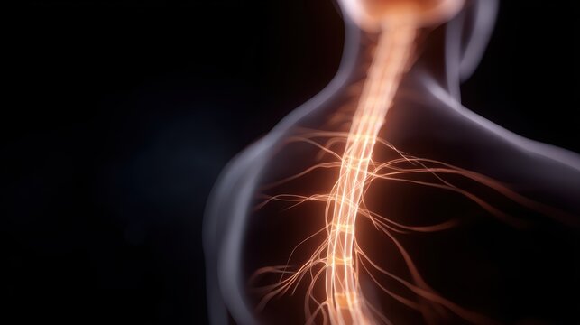 3d anatomy of human nervous system with brain and spine, glowing orange nerve pathways on dark background