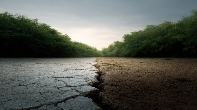 split landscape cracked drought earth versus green forest climate change concept