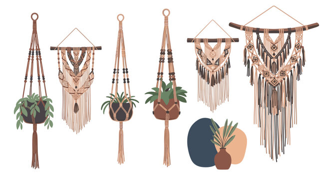 Beautiful macrame wall hangings and bohemian style plant hangers are displayed as decorative textile art pieces for home interior design.