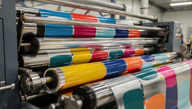 Highspeed flexographic printing presses apply vivid spot colors onto shiny packaging foil showcasing precise color registration in a factory setting.
