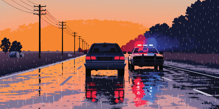 Police cruiser pulling over a dark car on a wet highway during a stormy orange sunset