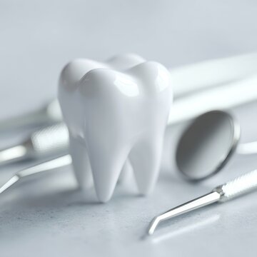 3d molar tooth surrounded by dental tools, dentistry concept clean render